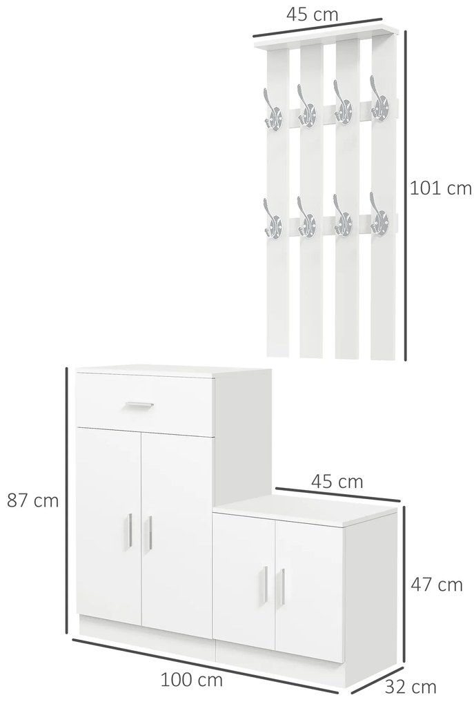 HOMCOM Mobilier de Hol cu Cuier din Lemn, Spațiu de Depozitare și Design Elegant, 100x32x187cm, Alb | Aosom Romania