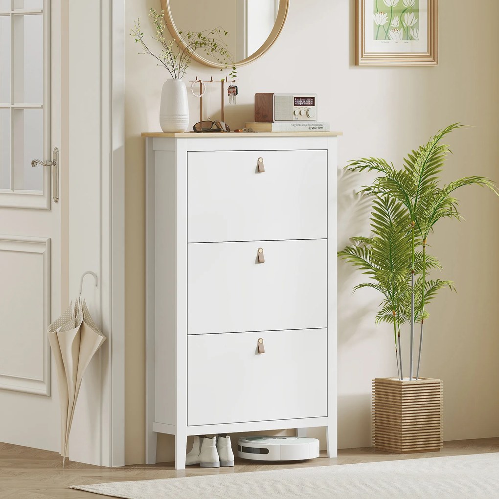 HOMCOM Pantofar Slim cu 3 sertare, pentru 21 perechi de încălțăminte, mărimea EU44 și rafturi reglabile, 80x24x131 cm, alb | Aosom Romania