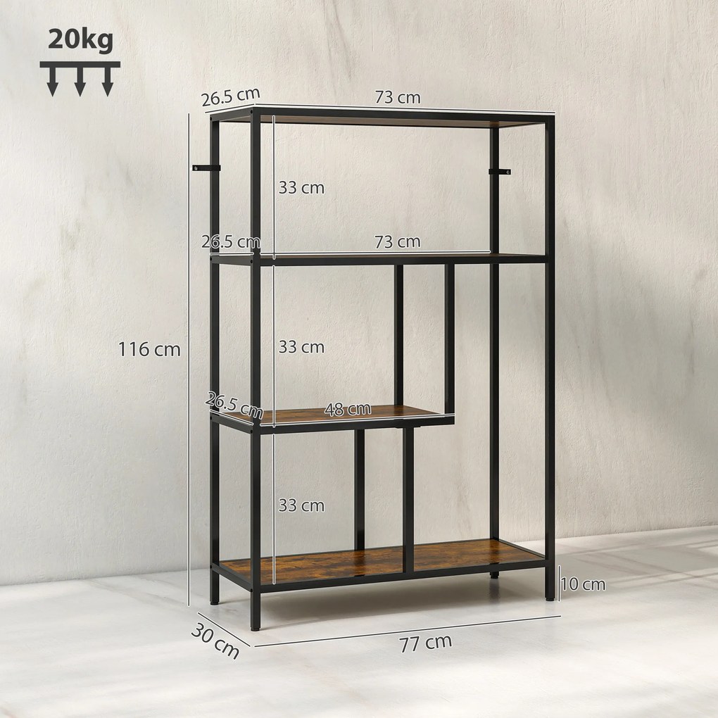 HOMCOM Bibliotecă cu 4 Rafturi, Stil Industrial, Lemn și Metal, 77x30x116cm, Maro | Aosom Romania