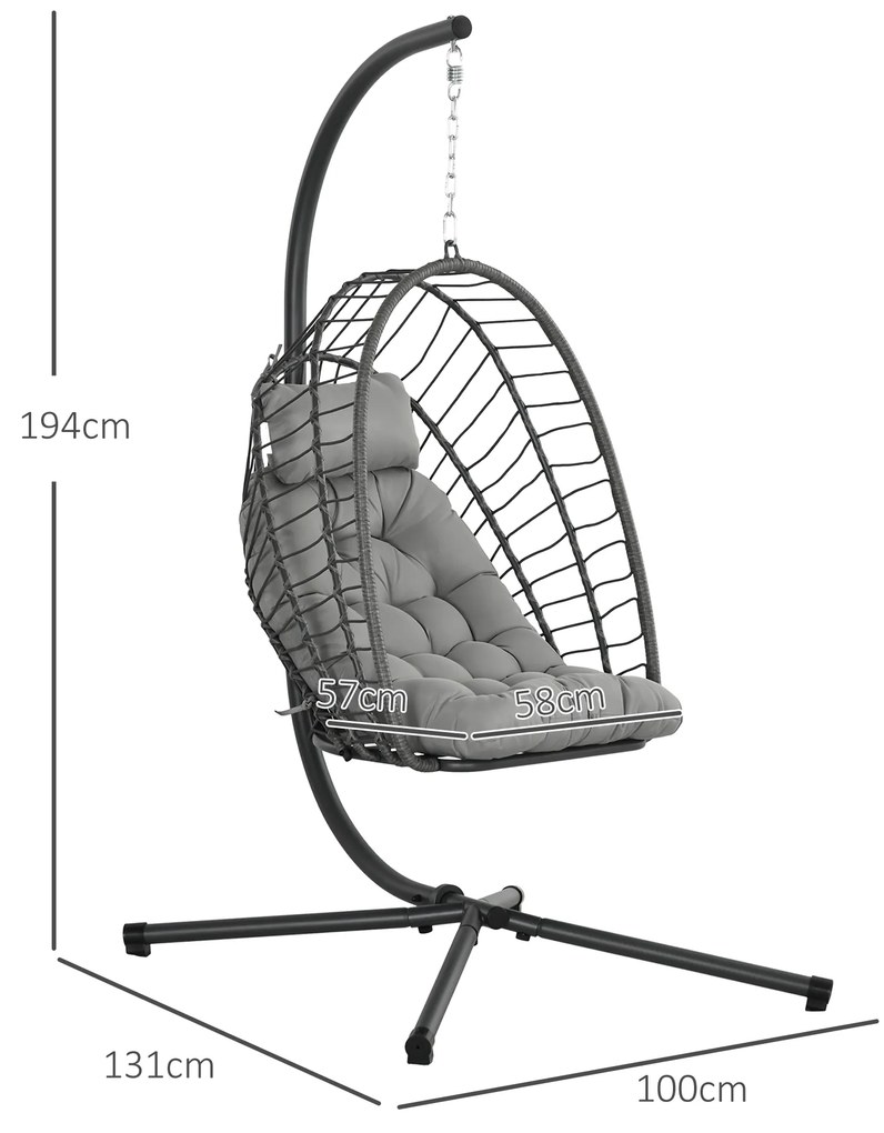 Outsunny Scaun Balansoar pentru Exterior cu Pernă Căptușită, Scaun Suspendat cu Coș Pliabil și Suport Metalic, 100x131x194 cm, Gri | Aosom Romania