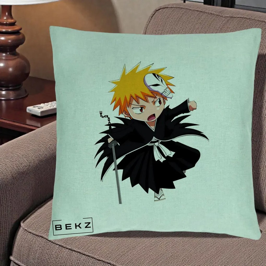 Perna Personalizata Bleach Ichigo Chibi cu Masca, 40x40 cm, Verde Menta, Husa Detasabila, Perna Inclusa, BEKZ®