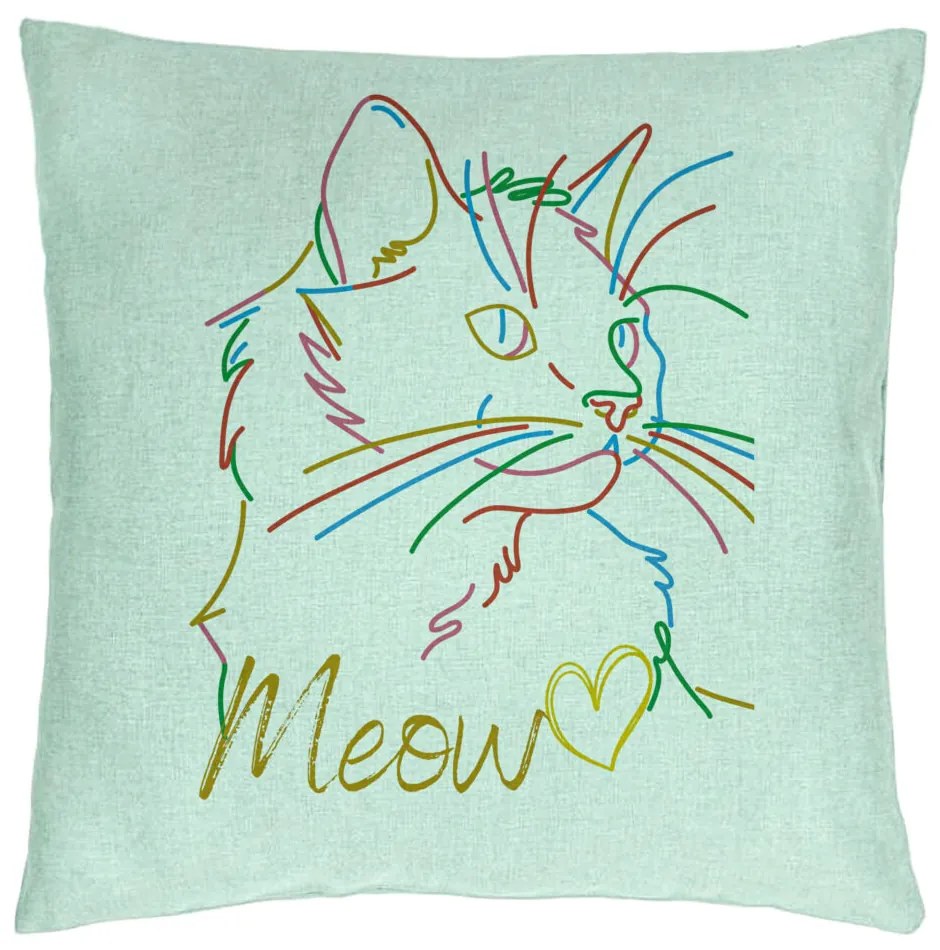 Perna Decorativa, Model Pisica Meow, 40x40 cm, Verde Menta, Husa Detasabila, Burduf