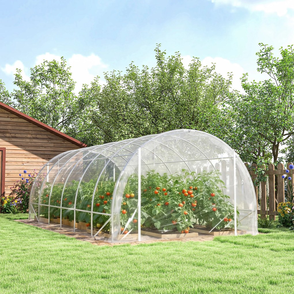 Outsunny Seră de Grădină Tip Tunel 3x6x2 m cu 2 Uși Rulabile, Cadru din Oțel și Acoperire din PE, pentru Legume, Fructe, Flori, Anti-UV, Transparentă | Aosom Romania