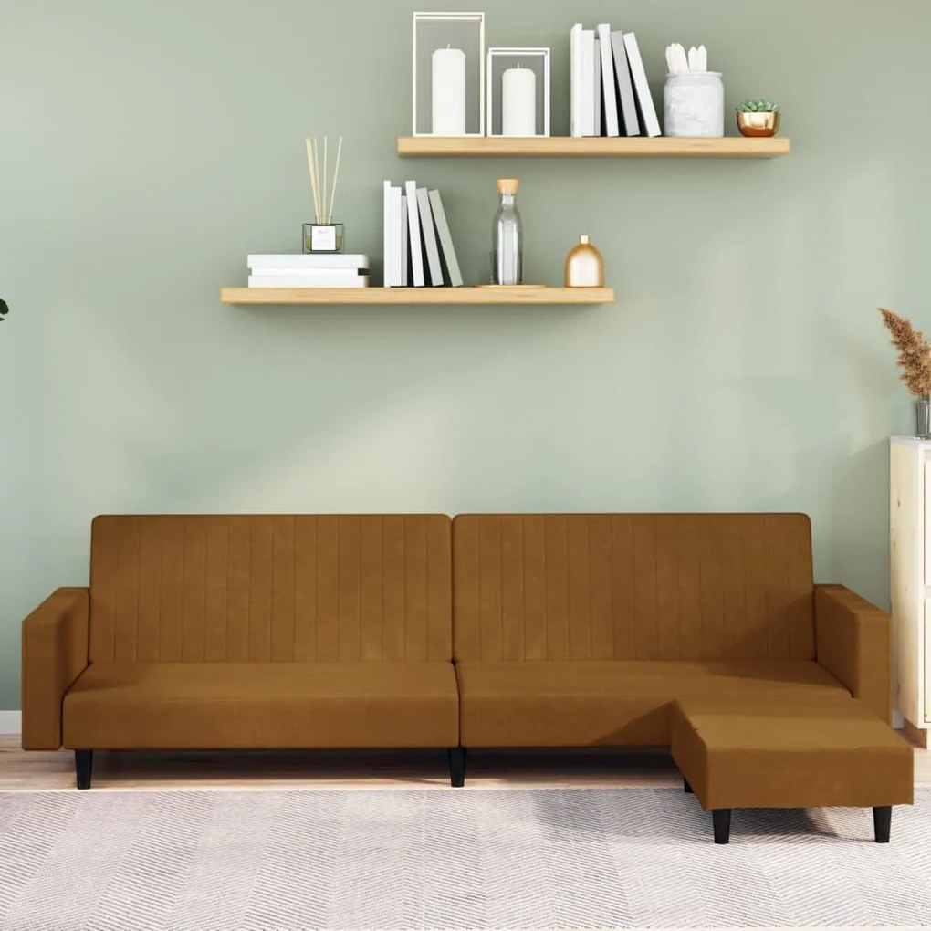 3081873 vidaXL Canapea extensibilă cu taburet, 2 locuri, maro, catifea