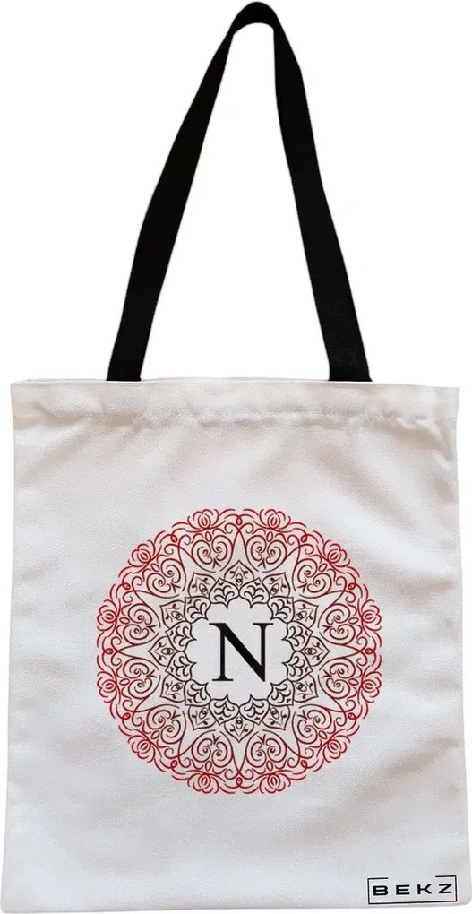 Sacosa de Panza pentru Cumparaturi, Geanta Tote, Cu litera N si Mandala, Cu fermoar, 38x34.5 cm, Alba, BEKZ®