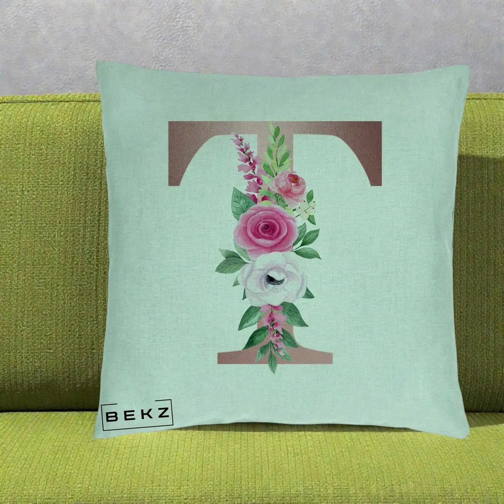 Cadou Personalizat - Perna Personalizata Monograma Rose Gold Litera T, 40x40 cm, Verde Menta, Husa Detasabila, Perna Inclusa, BEKZ®