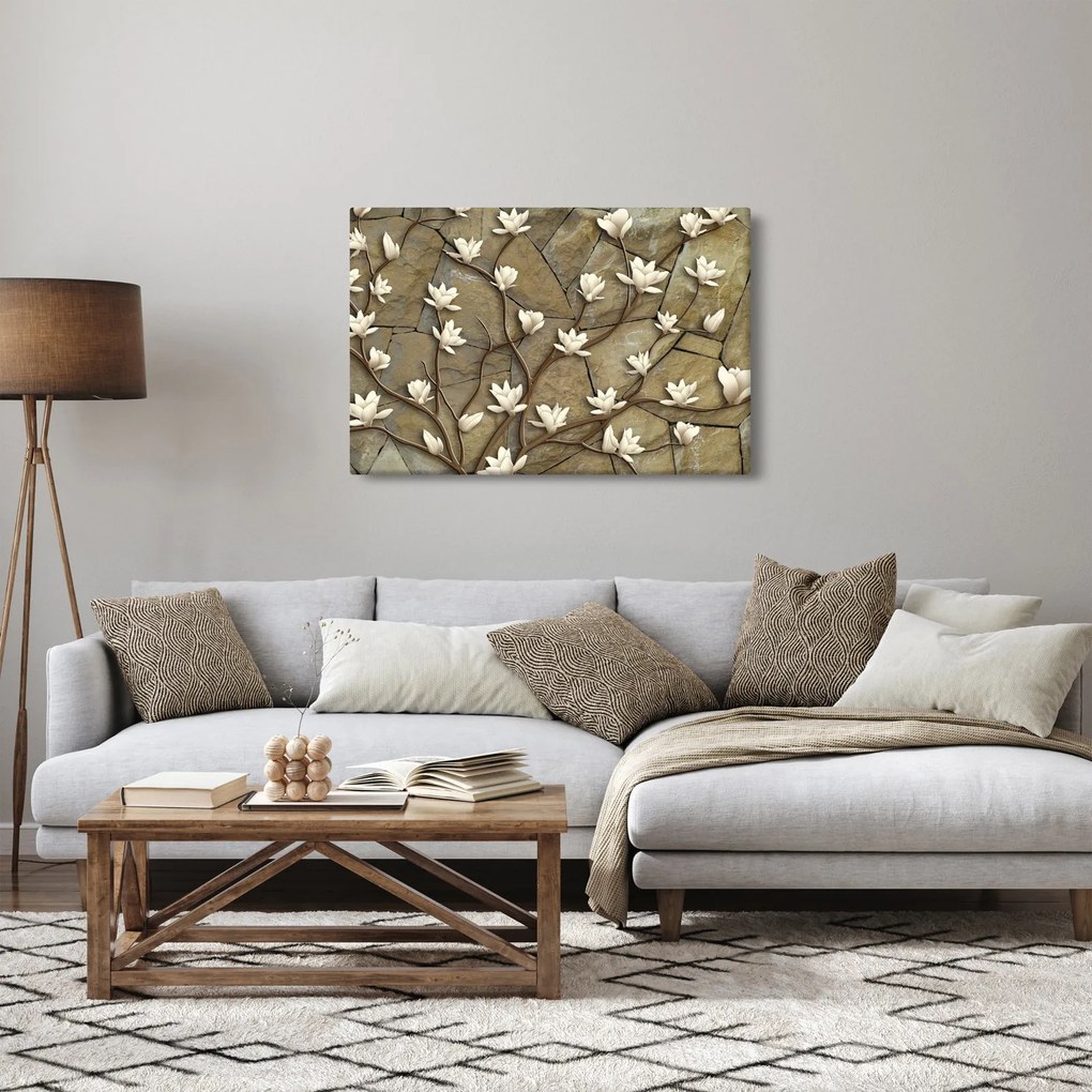 Tablou - Magnolii albe pe zidărie de piatră (90x60 cm)