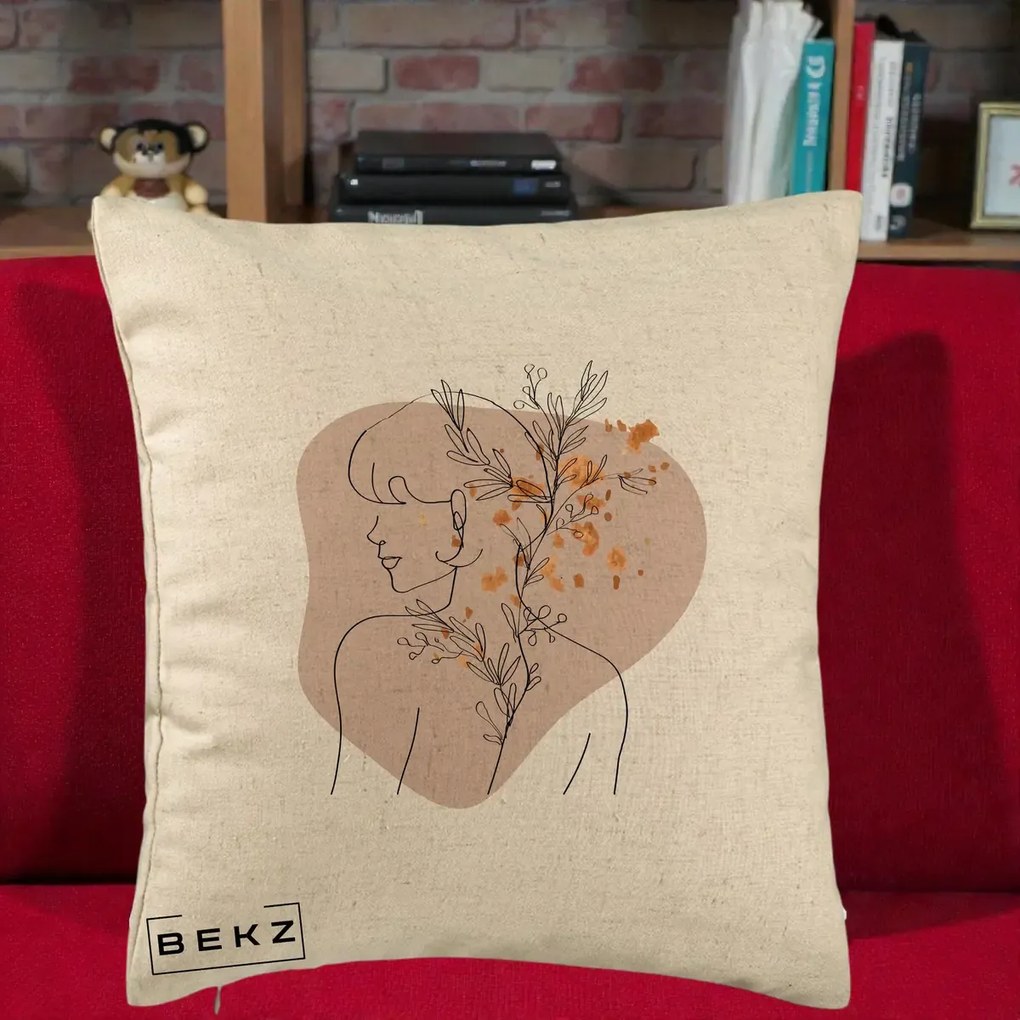 Perna Decorativa Femeie cu Flori Line Art Boho, 40x40 cm, Bej, Husa Detasabila, Perna Inclusa, BEKZ®