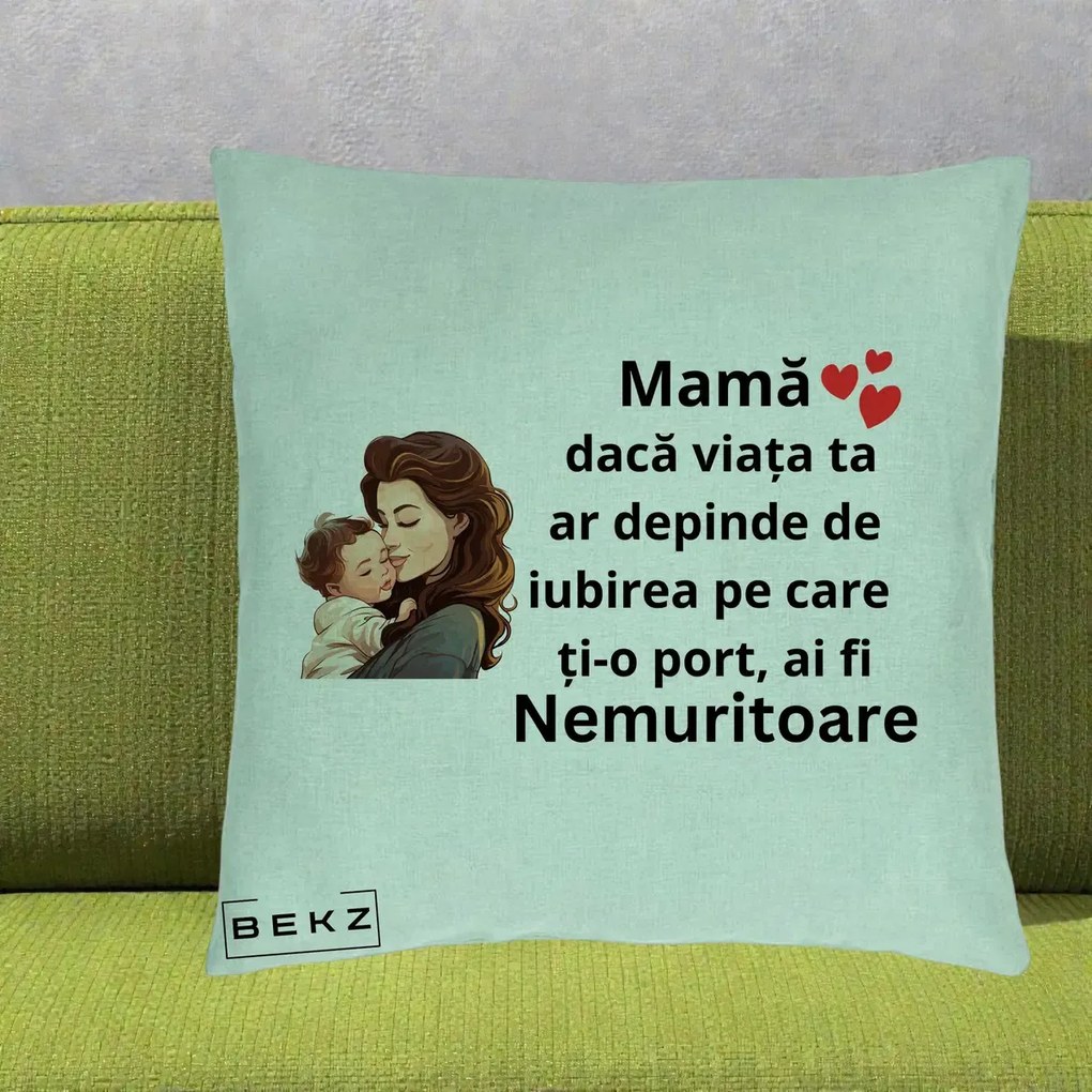 Cadou pentru Mama - Perna Personalizata Mama Nemuritoare cu Bebelus Lineart, 40x40 cm, Verde Menta, Husa Detasabila, Perna Inclusa, BEKZ®