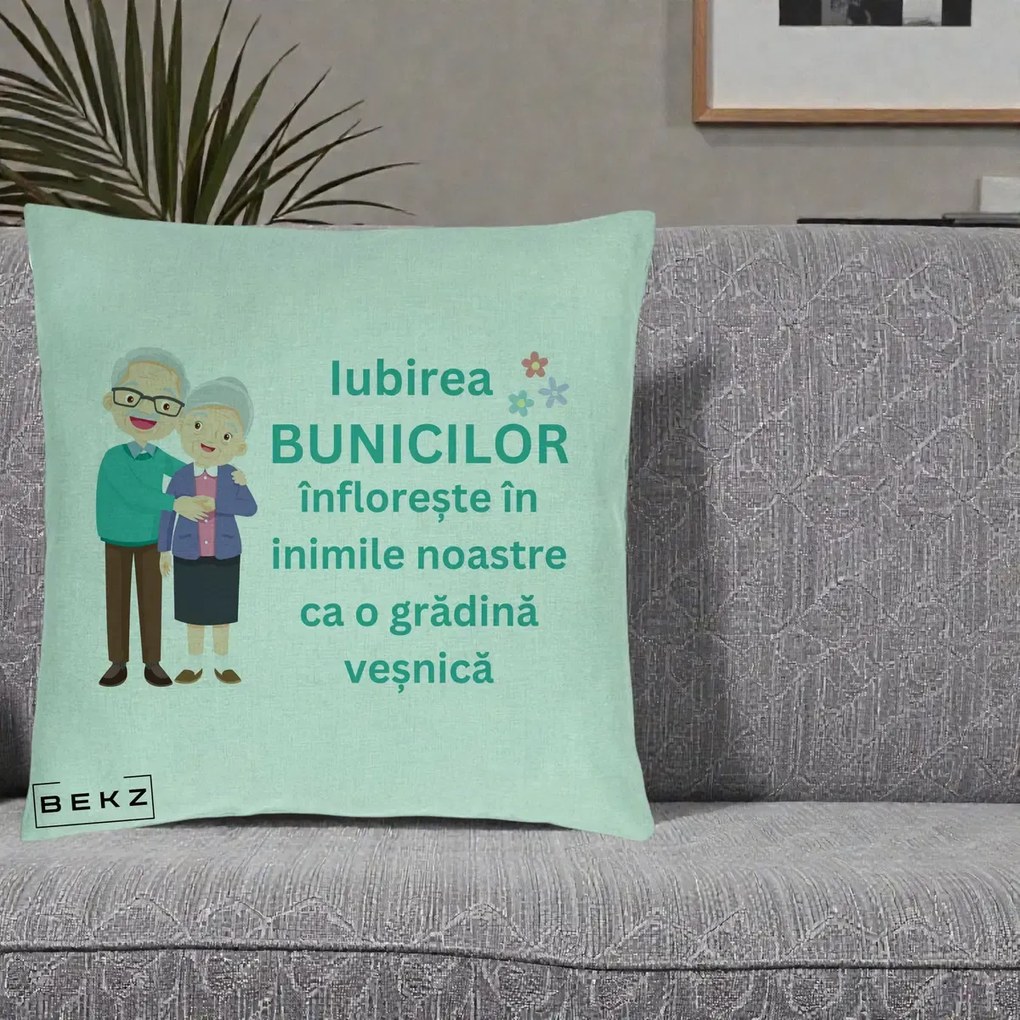 Cadou pentru Bunici - Perna Personalizata Bunicii Iubirea Infloreste Cuplu Senior Teal, 40x40 cm, Verde Menta, Husa Detasabila, Perna Inclusa, BEKZ®