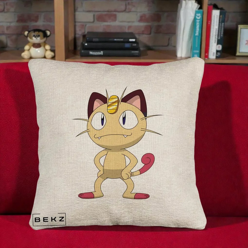 Perna Personalizata Meowth Pokemon, 40x40 cm, Bej Canapea, Husa Detasabila, Perna Inclusa, BEKZ®