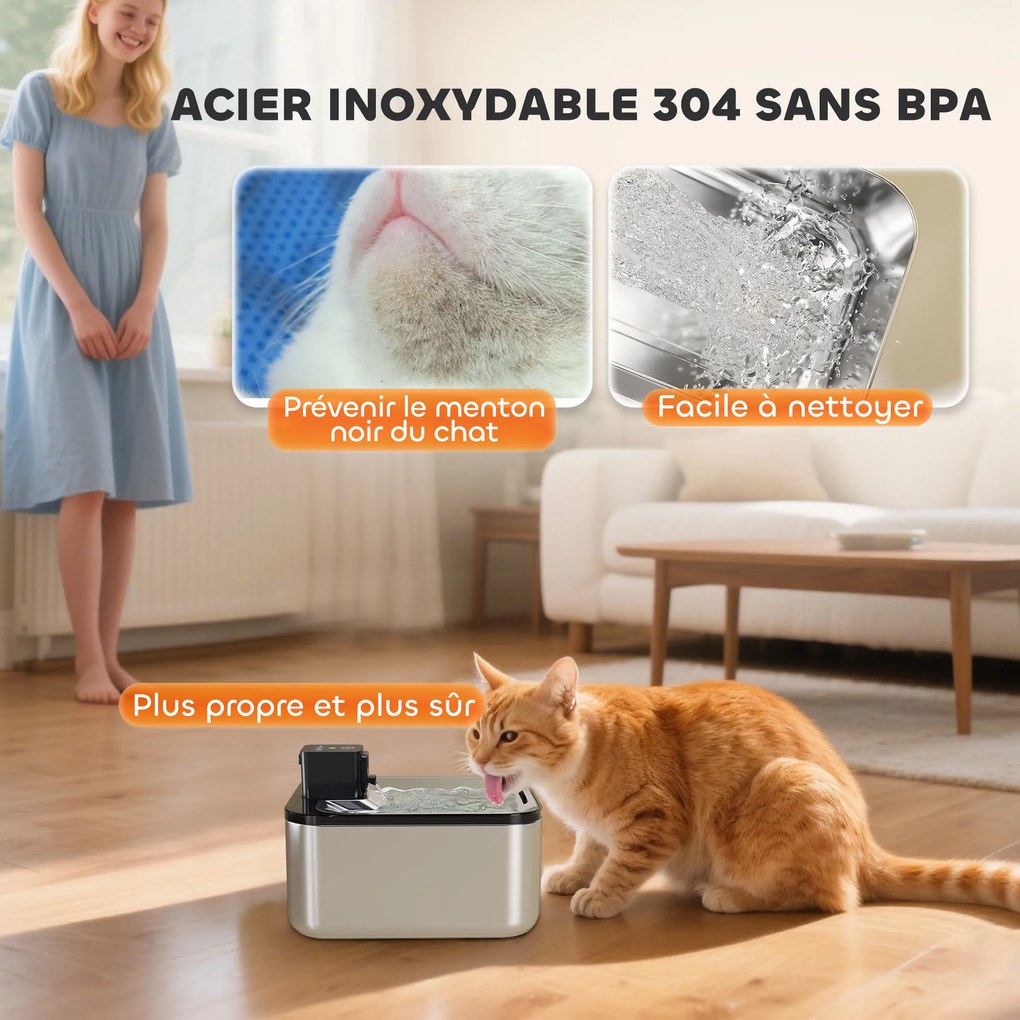 PawHut Fântână Automată pentru Pisici 5L din Oțel Inoxidabil, Silențioasă, Filtru 3 Etape, Încărcător USB, Argintiu | Aosom Romania