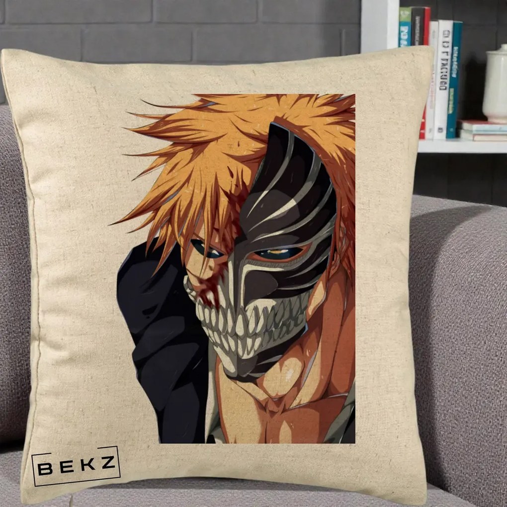 Perna Personalizata Bleach Ichigo Masca Hollow, 40x40 cm, Bej, Husa Detasabila, Perna Inclusa, BEKZ®