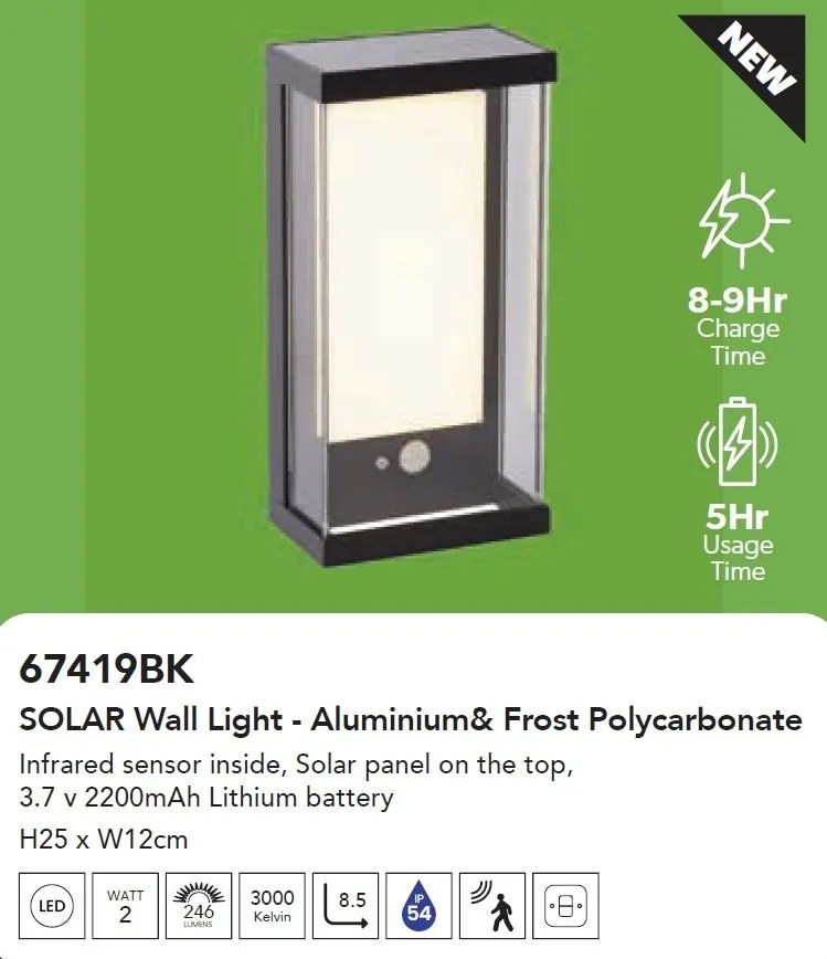Aplica LED solara de exterior cu senzor de miscare IP54 Solar
