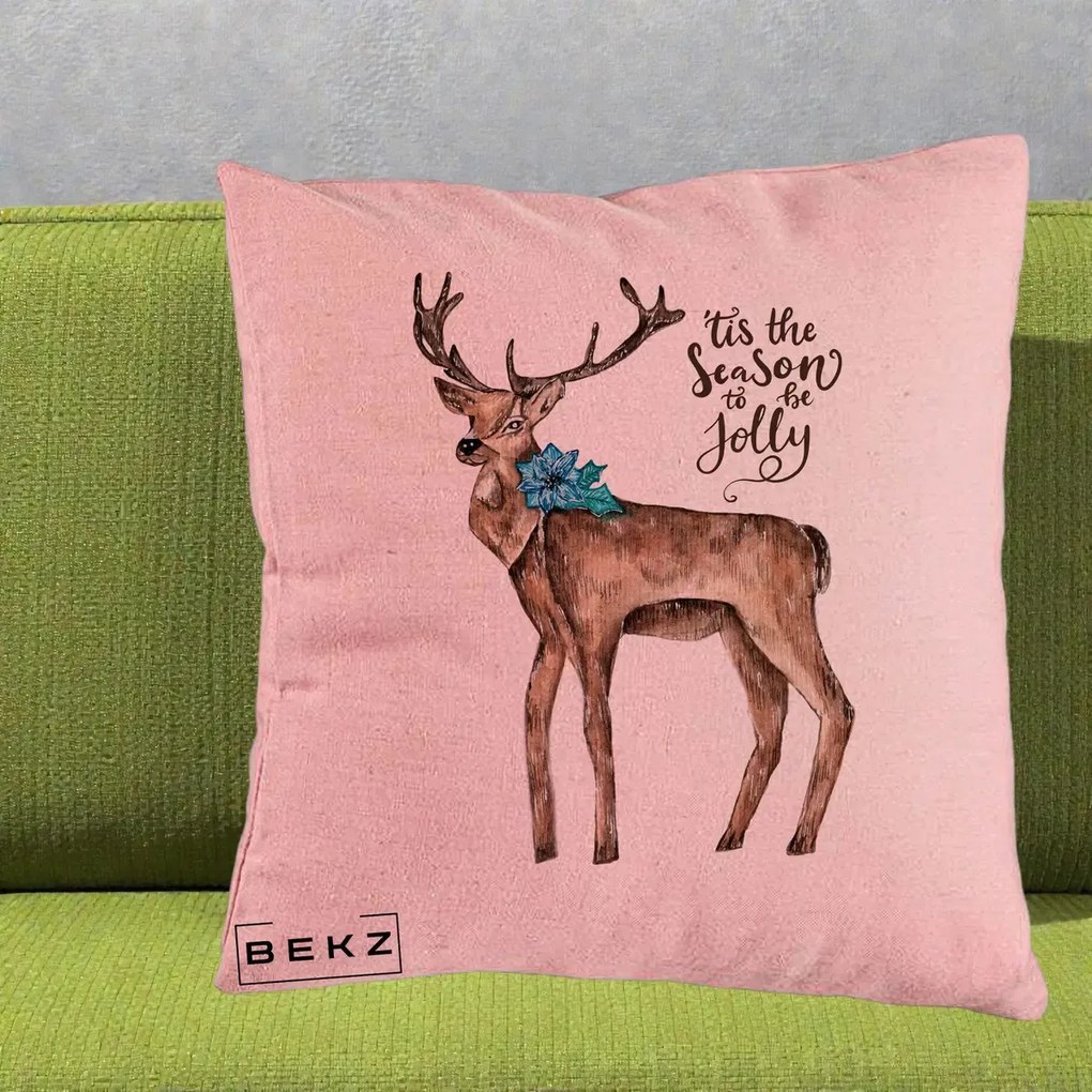 Perna Decorativa Ren Tis the Season to be Jolly, 40x40 cm, Roz, Husa Detasabila, Perna Inclusa, BEKZ®