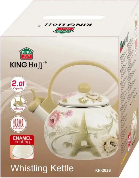 Ceainic cu fluier Kinghoff KH 2038, 2 l, interior emailat, compatibil cu plitele cu inducție, multicolor