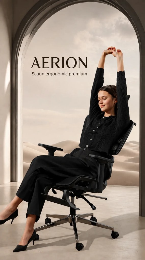 AERION – Scaun ergonomic, spătar ergonomic segmentat, suport lombar 3D, tetieră reglabilă, cotiere 3D, suport pentru picioare, înclinare până la 145°, bază metalică, Mesh, Negru