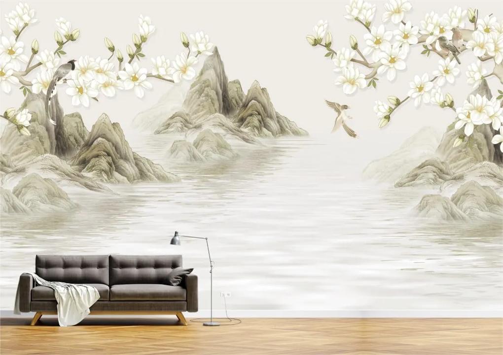 Tapet Premium Canvas - Abstract flori cu munti si apa