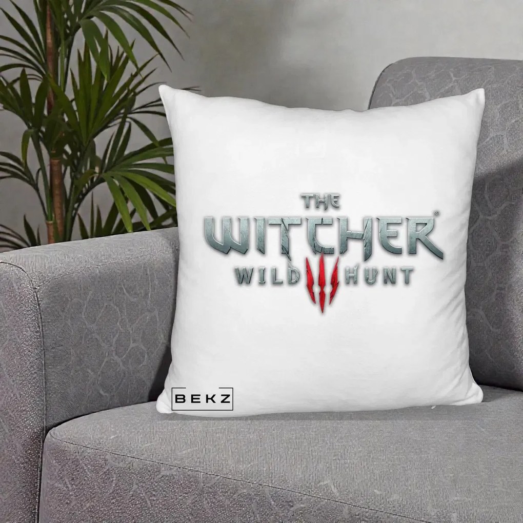 Perna Personalizata The Witcher 3 Wild Hunt, 40x40 cm, Alb Pufos, Husa Detasabila, Perna Inclusa, BEKZ®