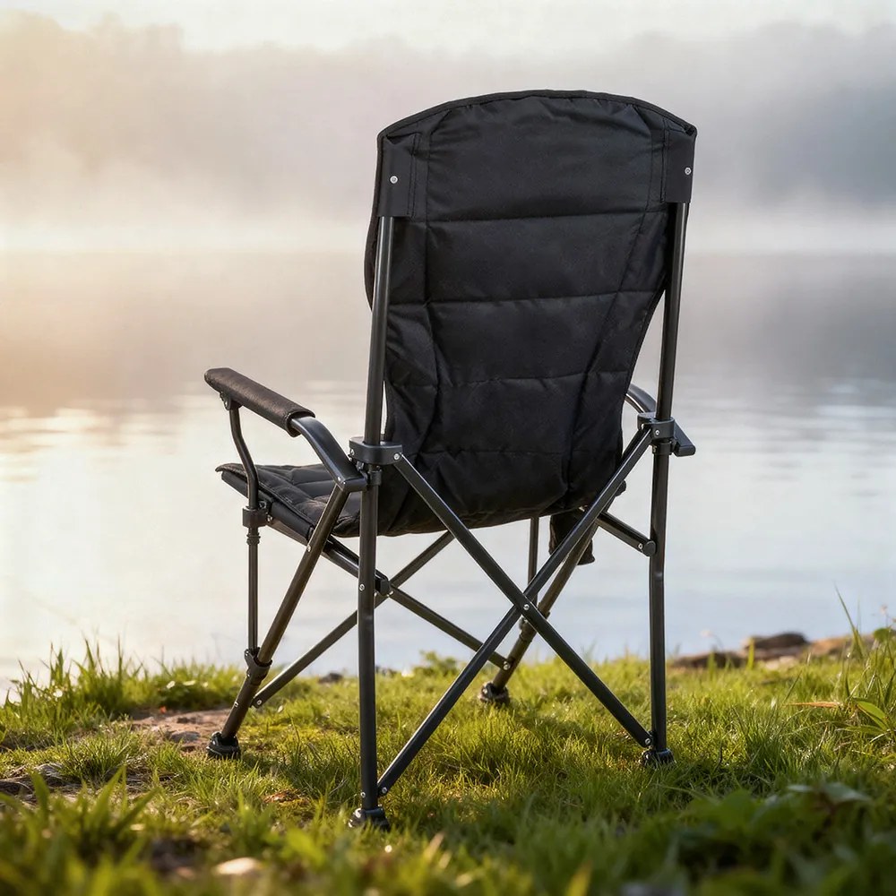 Leziter XL scaun de pescuit cu braț și suport pentru pahare negru