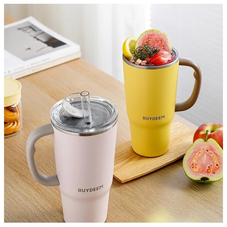 Pahar termo cu pai incorporat Buydeem DS57-MY, 700 ml, Cald/rece pana la 6 ore, Vid, Maner, Otel inoxidabil, Fara BPA, Galben