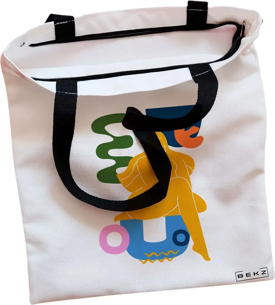 Sacosa de Panza pentru Cumparaturi, Geanta Tote, model Abstract Human Art, Cu fermoar, 38x34.5 cm, Alba, BEKZ®