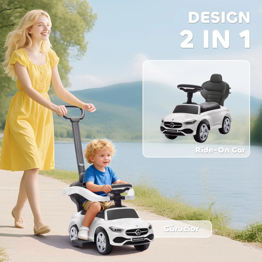 AIYAPLAY Mașină de Călărit pentru Copii 1-3 Ani Convertibilă în Cărucior cu Licență Mercedes, 91x40x83 cm, Alb | Aosom Romania