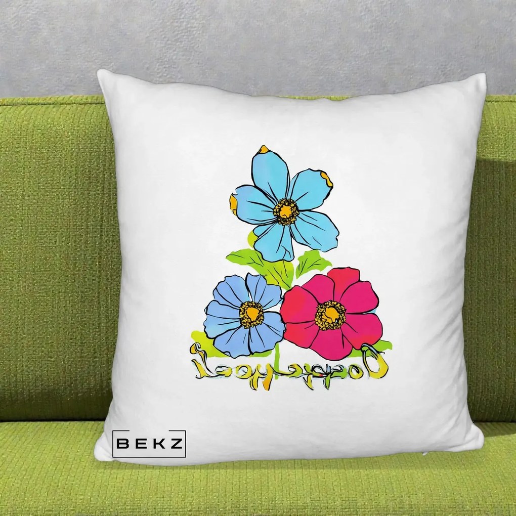 Perna Decorativa Trei Flori Grafice Pop Art, 40x40 cm, Alb Pufos, Husa Detasabila, Perna Inclusa, BEKZ®