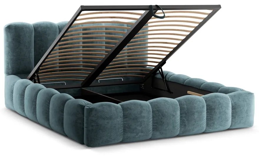 Pat matrimonial albastru tapițat cu spațiu de depozitare cu somieră 160x200 cm Lupine – Micadoni Home
