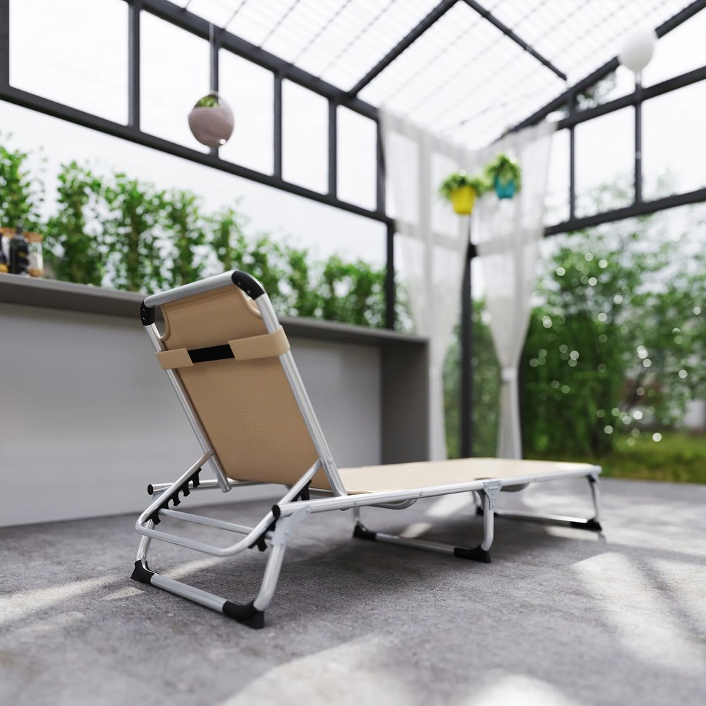Outsunny Șezlong de plajă, chaise longue pliante cu suport pentru cap, spătar reglabil, aluminiu și textilene, bej | Aosom Romania