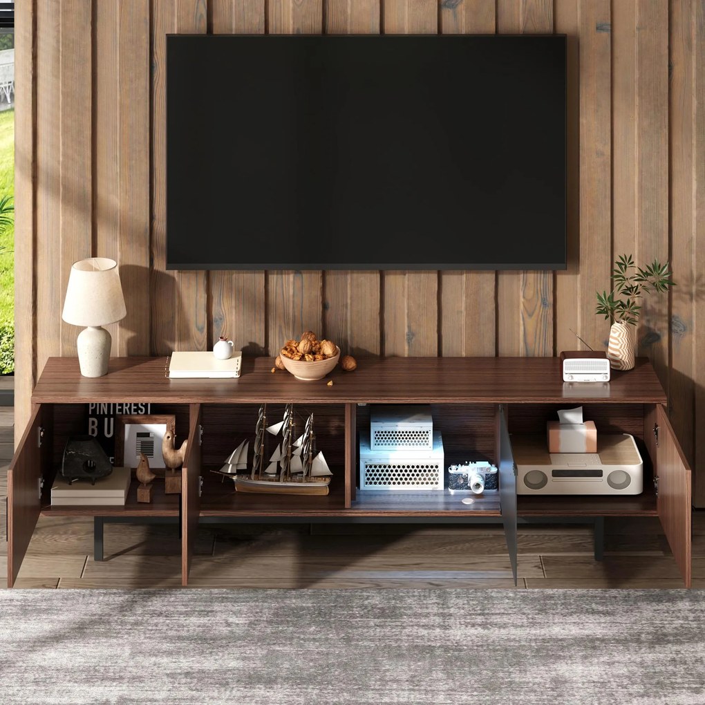 TV-Lowboard cu iluminare LED, 3 uși cu textură sculptată, mult spațiu de depozitare, 200x35x53 cm, Culoare naturală