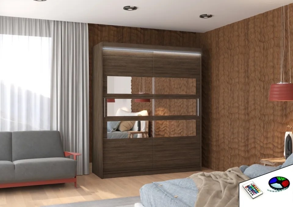 Dulap cu usi glisante si oglinda + iluminare LED, Toledo 180 + LED, 180 cmx200 cmx58 cm, ADRK Furniture (Culoare: Ciocolata)