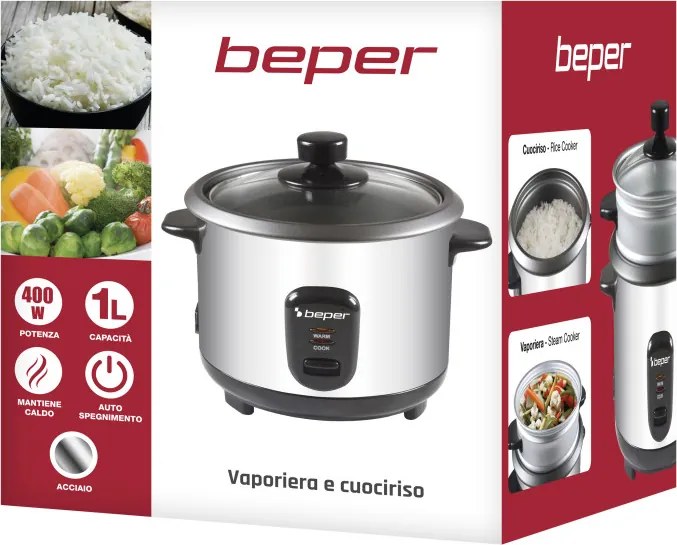 Aparat pentru gătit orez Beper 90.550, 400 W, 1 l, până la 625 g de orez, menținere a căldurii, oțel inoxidabil