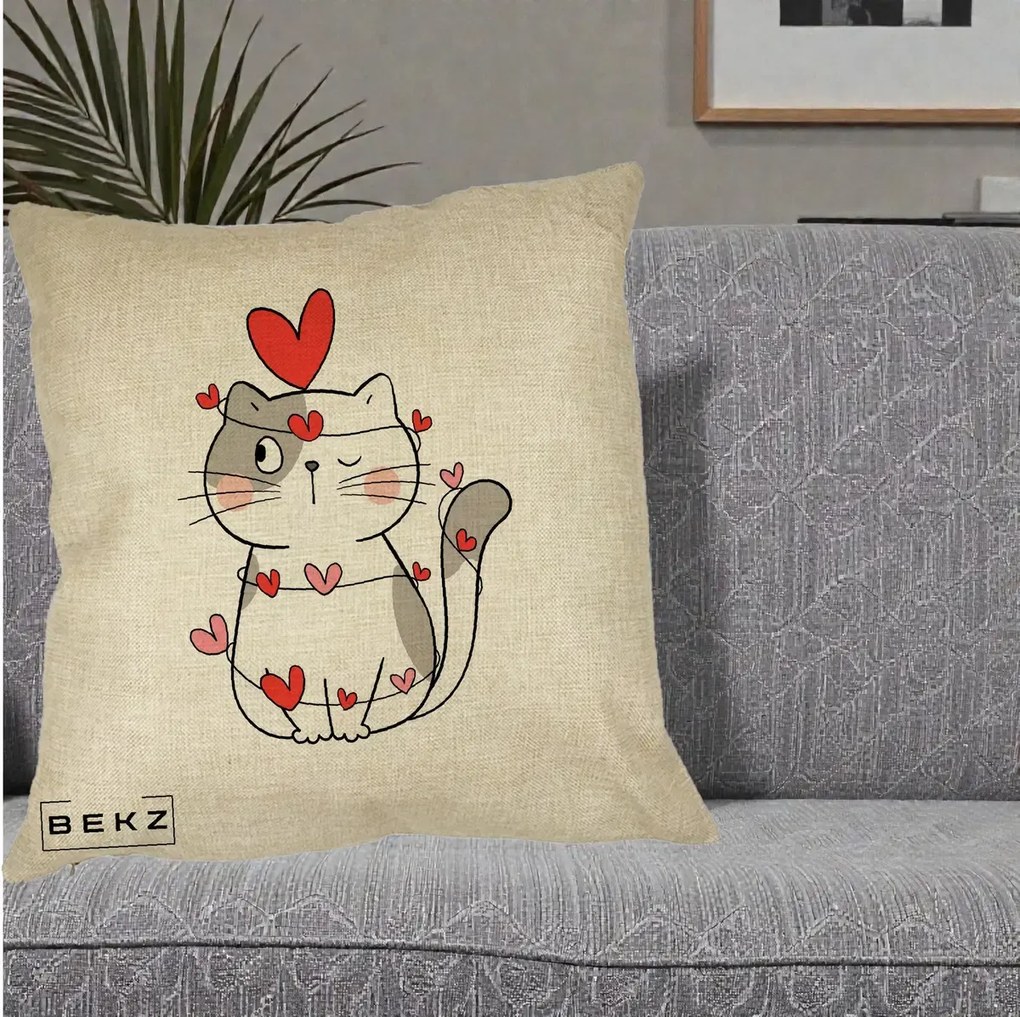 Perna Decorativa Pisica Kawaii cu Inimi, 40x40 cm, Crem, Husa Detasabila, Perna Inclusa, BEKZ®