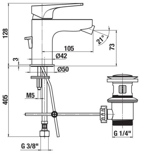 Baterie de bideu + supapă fără preaplin JIKA H3411X10041111 CUBITO 12,8 cm chrome