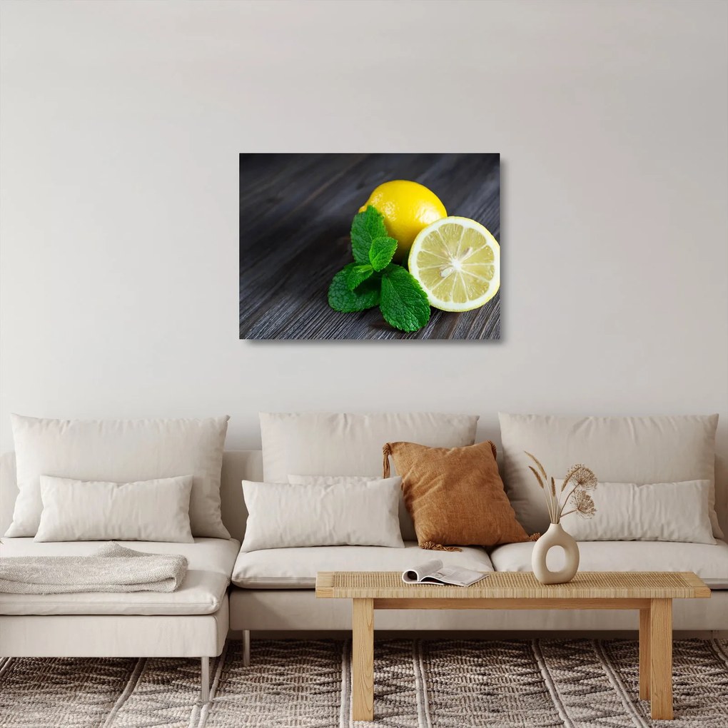 Tablou pe sticlă cu lămâie și mentă pe masă (70x50 cm)