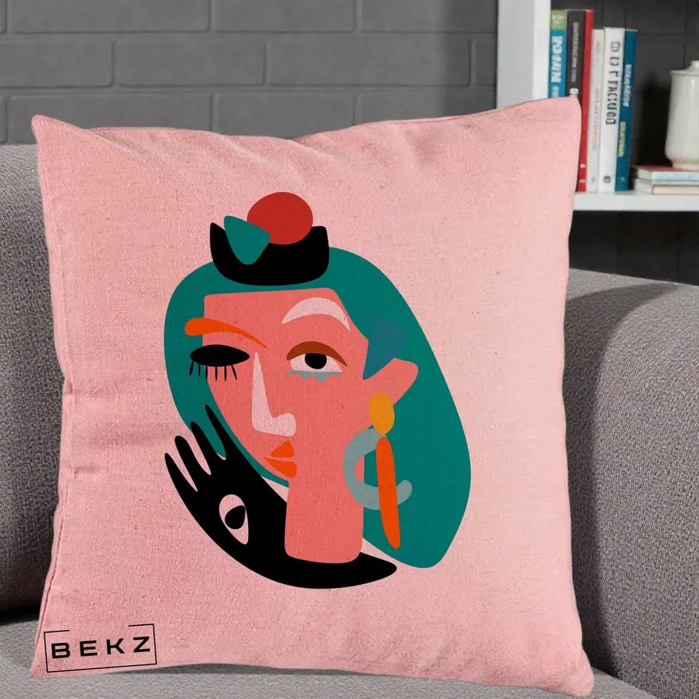 Perna Decorativa Portret Abstract Matisse Turcoaz, 40x40 cm, Roz, Husa Detasabila, Perna Inclusa, BEKZ®