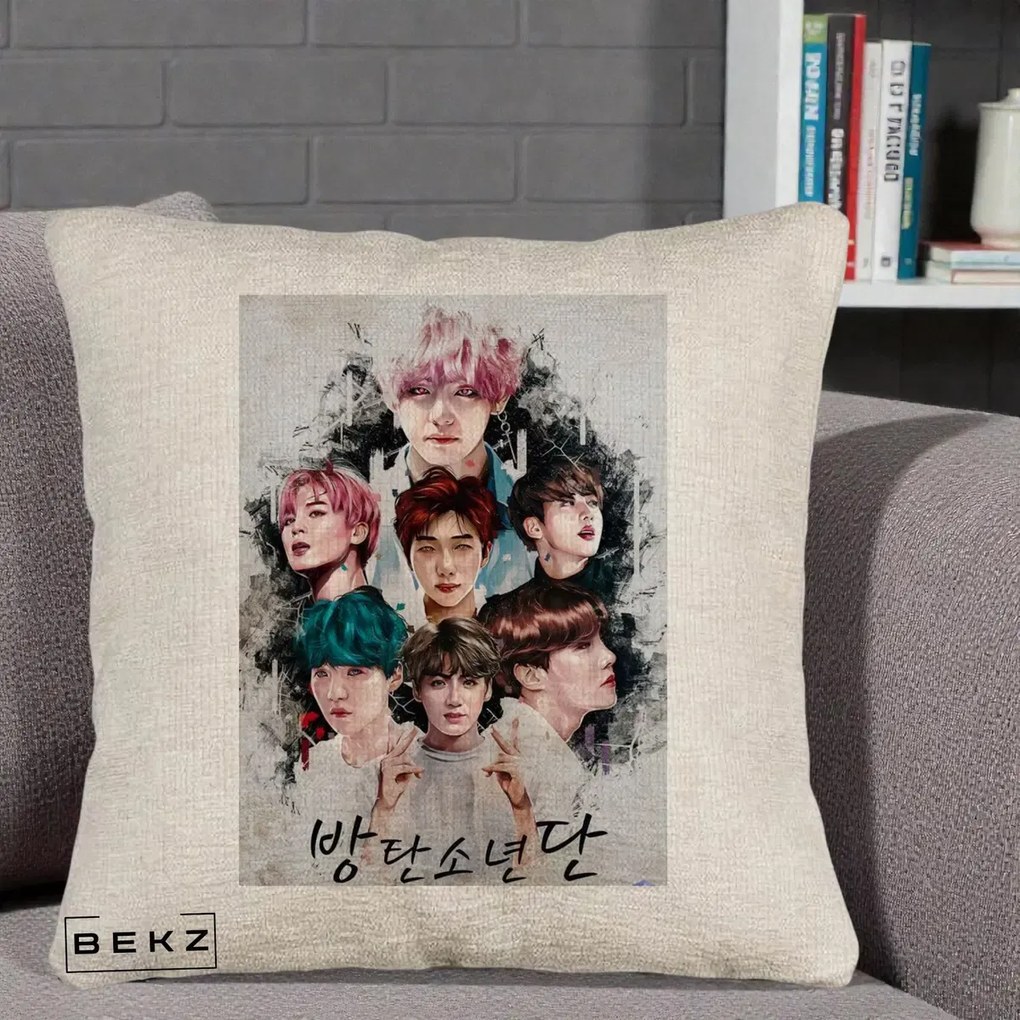 Perna Personalizata K-pop BTS Bangtan Boys Poster Artistic Negru Alb, 40x40 cm, Bej Canapea, Husa Detasabila, Perna Inclusa, BEKZ®