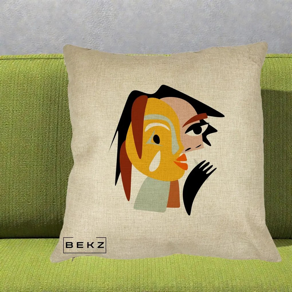 Perna Decorativa Portret Abstract Galben-Ocru, 40x40 cm, Crem, Husa Detasabila, Perna Inclusa, BEKZ®