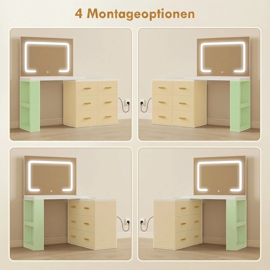 HOMCOM Stație de Machiaj cu Lumini LED, 3 Culori, Luminozitate Reglabilă, Toaletă Convertibilă cu Prize Electrice, 6 Sertare Soft Close, Oglindă, Rafturi Deschise, pentru Dormitor, Alb | Aosom Romania