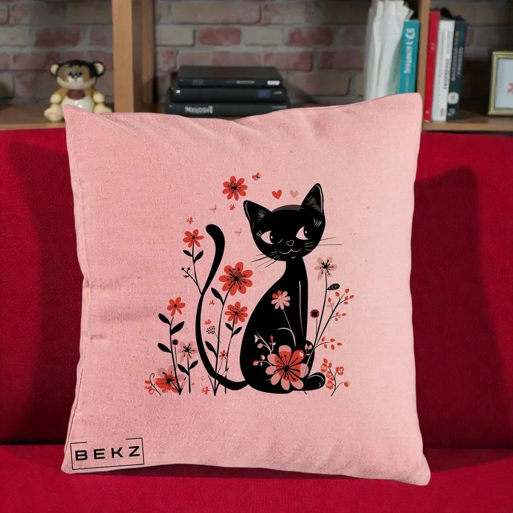 Perna Decorativa Pisica Neagra Flori Roz si Inimi, 40x40 cm, Roz, Husa Detasabila, Perna Inclusa, BEKZ®