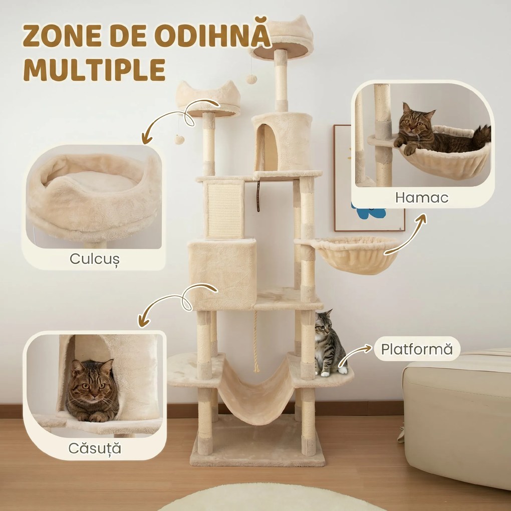 PawHut Ansamblu de Zgâriat pentru Pisici, 206 cm, cu Stâlpi din Sisal, Peșteri și Hamace, Bej | Aosom Romania