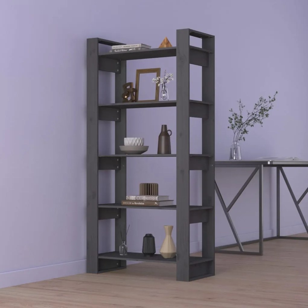 Bibliotecă/separator cameră, gri, 80x35x160 cm, lemn masiv pin