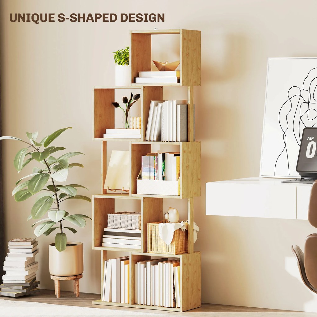 HOMCOM Librărie modernă și asimetrică cu 5 niveluri din bambus, 62.5 x 23 x 165 cm, lemn | Aosom Romania