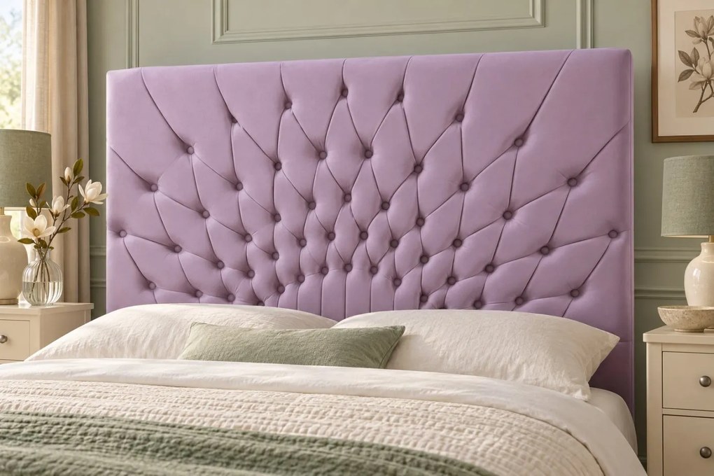 Pat tapițat Chesterfield din catifea Venezia 140×200 cm, lila, cu ladă de depozitare
