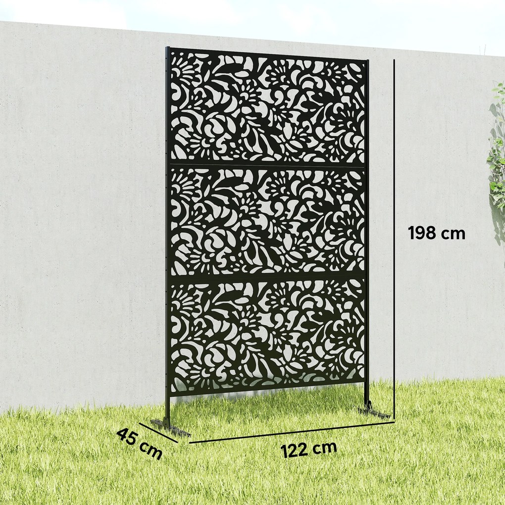 Outsunny Panou paravan decorativ exterior Claustra decorativă grădină 3 panouri cu model floral Oțel 122 x 45 x 198 cm Negru | Aosom Romania