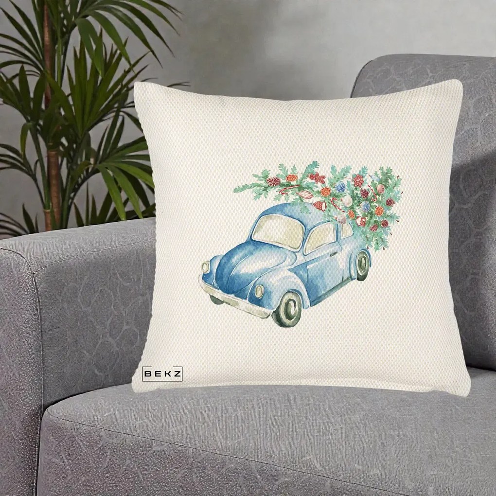 Perna Decorativa Masinuta Albastra cu Brad de Craciun, 40x40 cm, Crem Reliefat, Husa Detasabila, Perna Inclusa, BEKZ®