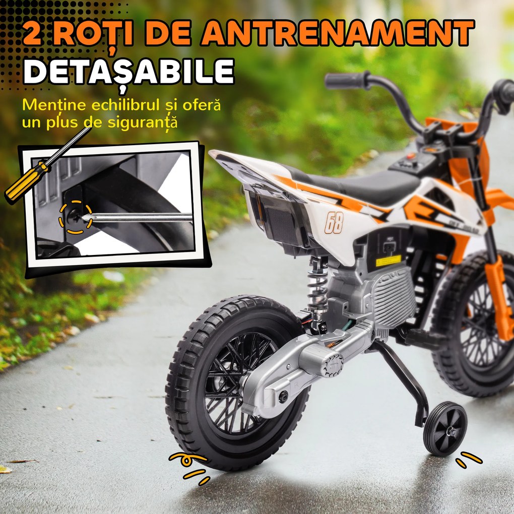 AIYAPLAY Motocicletă Electrică pentru Copii 3-6 Ani, 2 Motoare, Roți Detașabile și Sunete Portocaliu | Aosom Romania