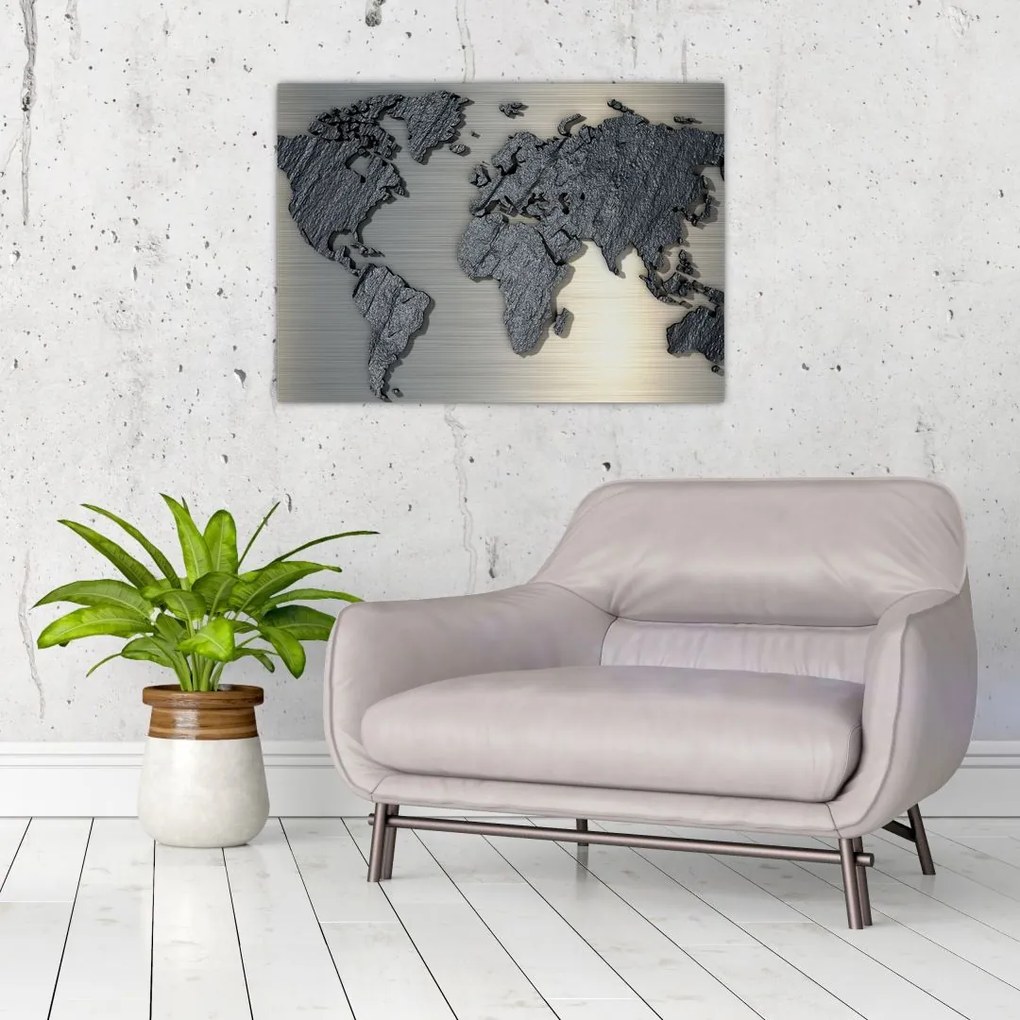 Tablou pe sticlă - Harta lumii în textura de piatră (70x50 cm)