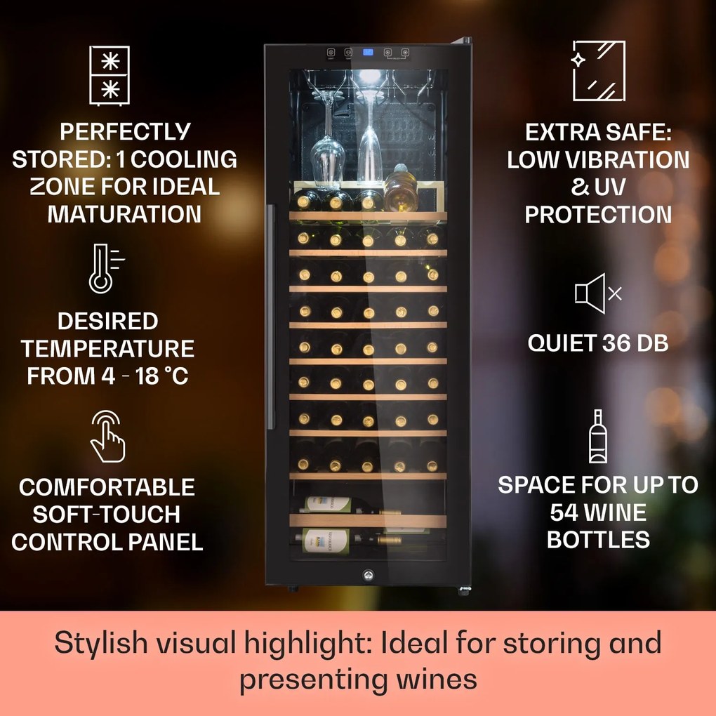 Klarstein Barossa 54S, răcitor de vinuri, 155 l, 54 de sticle, ușă de sticlă, tactil